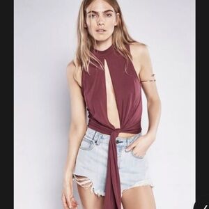 Free People Intimately Mock Neck Split Front Tie Cami - Wine/Bordeaux Size Large